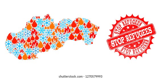 Composition of winter and fire map of Slovakia and Stop Refugees grunge stamp seal. Mosaic vector map of Slovakia is composed with frost and fire symbols. Stop Refugees stamp has red color,