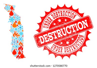 Composition of winter and fire map of Togo and Under Destruction grunge stamp seal. Mosaic vector map of Togo is designed with winter and fire icons. Under Destruction stamp has red color,