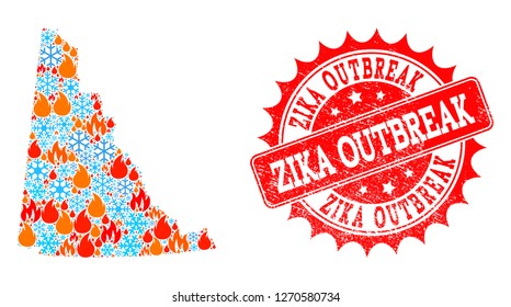 Composition of winter and fire map of Yukon Province and Zika Outbreak grunge stamp seal. Mosaic vector map of Yukon Province is formed with winter and fire icons. Zika Outbreak stamp has red color,