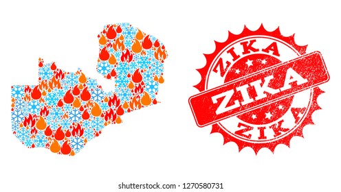 Composition of winter and fire map of Zambia and Zika grunge stamp seal. Mosaic vector map of Zambia is composed with cold and fire symbols. Zika stamp has red color,