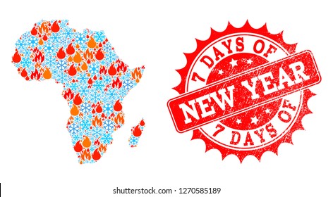 Composition of winter and flame map of Africa and 7 Days of New Year grunge stamp seal. Mosaic vector map of Africa is composed with cold and flame symbols. 7 Days of New Year stamp has red color,