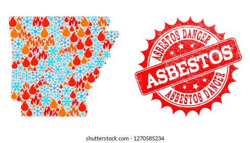 Composition of winter and flame map of Arkansas State and Asbestos Danger grunge stamp seal. Mosaic vector map of Arkansas State is formed with winter and flame symbols.