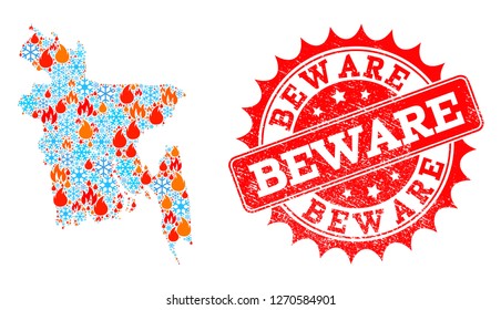 Composition of winter and flame map of Bangladesh and Beware grunge stamp seal. Mosaic vector map of Bangladesh is created with winter and fire icons. Beware stamp has red color,