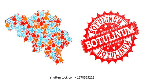 Composition of winter and flame map of Belgium and Botulinum grunge stamp seal. Mosaic vector map of Belgium is created with winter and flame symbols. Botulinum stamp has red color,