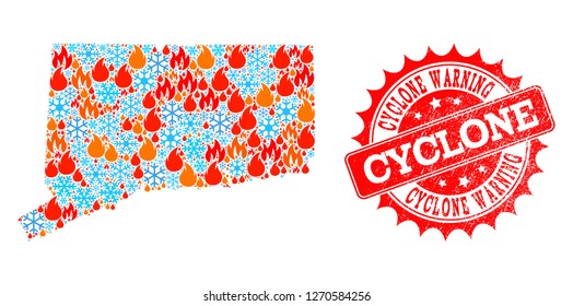 Composition of winter and flame map of Connecticut State and Cyclone Warning grunge stamp seal. Mosaic vector map of Connecticut State is composed with winter and flame icons.