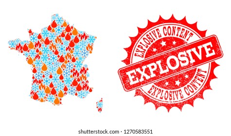Composition of winter and flame map of France and Explosive Content grunge stamp seal. Mosaic vector map of France is composed with winter and flame symbols. Explosive Content stamp has red color,