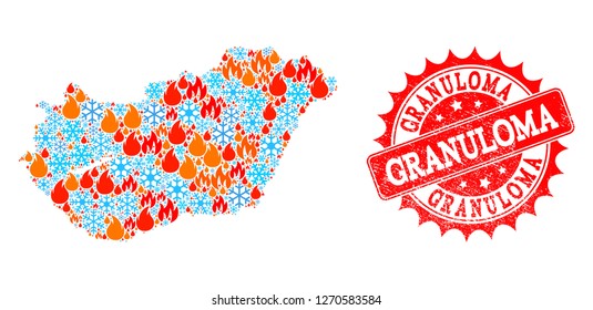 Composition of winter and flame map of Hungary and Granuloma grunge stamp seal. Mosaic vector map of Hungary is created with snow and flame icons. Granuloma stamp has red color,