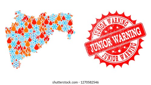 Composition of winter and flame map of Maharashtra State and Junior Warning grunge stamp seal. Mosaic vector map of Maharashtra State is designed with snow and flame symbols.