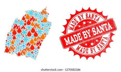 Composition of winter and flame map of Manipur State and Made by Santa grunge stamp seal. Mosaic vector map of Manipur State is composed with ice and flame symbols. Made by Santa stamp has red color,