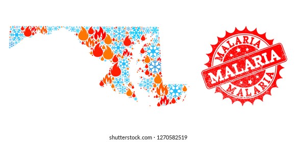 Composition of winter and flame map of Maryland State and Malaria grunge stamp seal. Mosaic vector map of Maryland State is created with winter and fire icons. Malaria stamp has red color,
