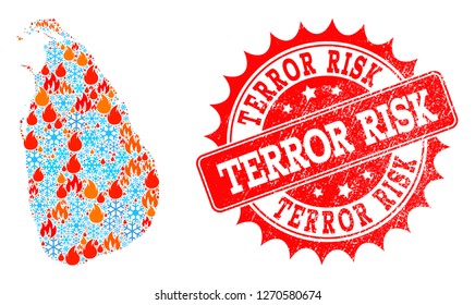 Composition of winter and flame map of Sri Lanka and Terror Risk grunge stamp seal. Mosaic vector map of Sri Lanka is designed with winter and flame symbols. Terror Risk stamp has red color,