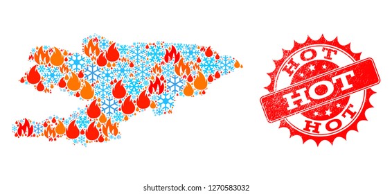Composition of winter and wildfire map of Kyrgyzstan and Hot grunge stamp seal. Mosaic vector map of Kyrgyzstan is composed with winter and fire symbols. Hot stamp has red color,