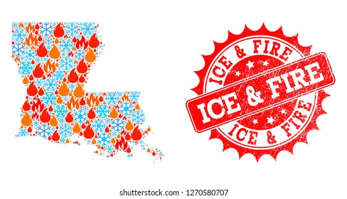 Composition of winter and wildfire map of Louisiana State and Ice & Fire grunge stamp seal. Mosaic vector map of Louisiana State is created with winter and flame icons. Ice & Fire stamp has red color,