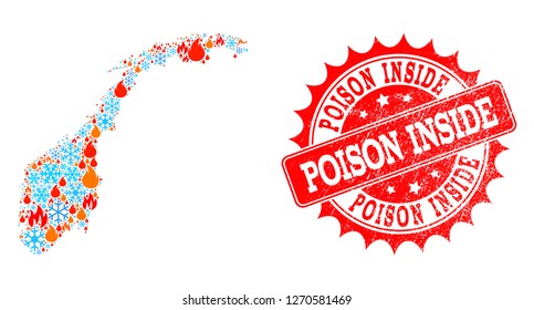Composition of winter and wildfire map of Norway and Poison Inside grunge stamp seal. Mosaic vector map of Norway is designed with winter and flame icons. Poison Inside stamp has red color,