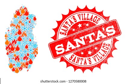 Composition Of Winter And Wildfire Map Of Qatar And Santa'S Village Grunge Stamp Seal. Mosaic Vector Map Of Qatar Is Created With Winter And Flame Icons. Santa'S Village Stamp Has Red Color,