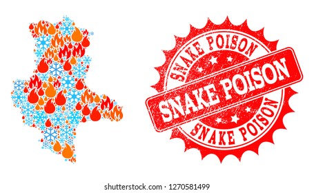 Composition of winter and wildfire map of Saxony-Anhalt State and Snake Poison grunge stamp seal. Mosaic vector map of Saxony-Anhalt State is formed with winter and flame icons.