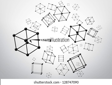 Composition of wire-frame elements in the form of cube with vertices in different perspective