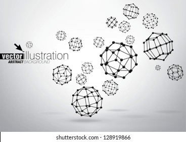 Composition of wireframe elements in the form of polyhedron with vertices in different perspective