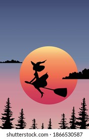 Composition of a witch flying on the broom in front of the rising sun. Vector