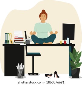 Composition with a woman meditating in the Lotus position on an office Desk in the office, trying to relieve stress.Vector illustration.