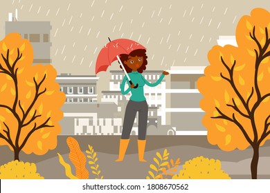 Composition woman under an umbrella, autumn season rain, background yellow leaf fall, design, cartoon style vector illustration. Natural environment orange, girl walk park, hold hand parasol.