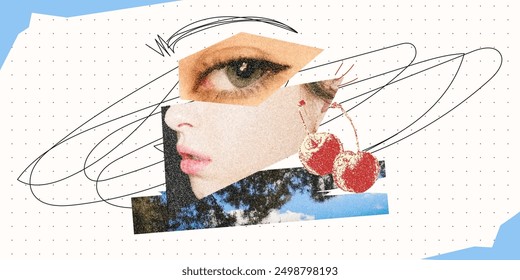 Composition of a woman's face from cut-out magazine pages. Female face, nature, cherries and doodles. Retro vintage design for scrapbooking.