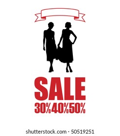 Composition with women's silhouettes. The women wore dresses. Beside them is an inscription SALE.