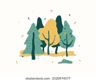 Composición de madera, hojas. Un elemento de diseño plano, dibujado a mano. Diseño de otoño botánico. paisaje de moda en un estilo minimalista. Vector de arte, ilustración aislada.