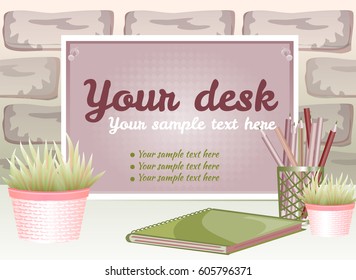 A composition with a wooden board, a pot of plants, a notebook and colored pencils in a realistic style. Brick texture background. There is space for text on the board
