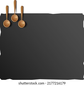 composition of wooden spoons. A black modern cutting board with a highlighted stone texture. vector realistic drawing, without background. Perfect for any advertisement, showcase, menu or board