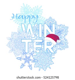 The composition of the word happy winter individual letters and beautiful snowflakes in the form of stickers. This illustration can be used as a print on T-shirts, bags, tattoo, badges or patch