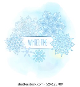 The composition of the word winter individual letters and beautiful snowflakes in the form of stickers. This illustration can be used as a print on T-shirts, bags, tattoo, badges or patch