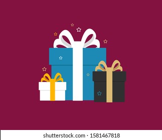 Composition of wrapped gift boxes decorated with ribbon and bows with confetti stars around it. Flat style vector illustration,