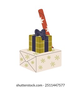 Composition of wrapped gifts. Heap of wrapping boxes with traditional Christmas pattern. Xmas presents with square package, tied bow of ribbon. Flat isolated vector illustration on white background