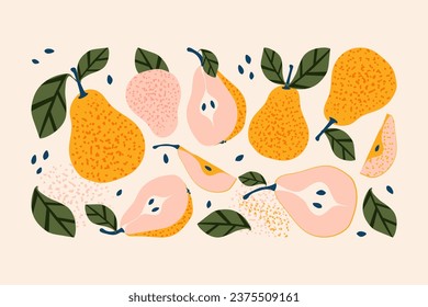 Composition of yellow ripe pears with leaves on a light pink background. Cute fruit print for decorative pillows, interior design. Vector.