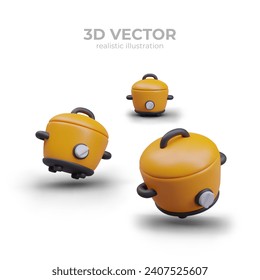 Composition with yellow slow cooker in different positions. Electric kitchen home appliance concept. Poster with white background and place for text. Vector illustration in realistic 3d style