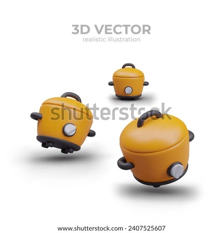 Composition with yellow slow cooker in different positions. Electric kitchen home appliance concept. Poster with white background and place for text. Vector illustration in realistic 3d style