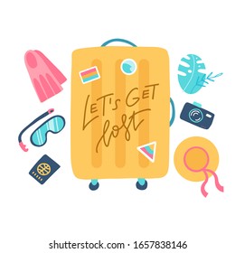 Composition with a yellow suitcase and accessories travel. Holidays on the beach concept. Vector flat illustration with lettering quote Let's get lost