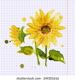 The composition of yellow sunflower painted in watercolor for your design