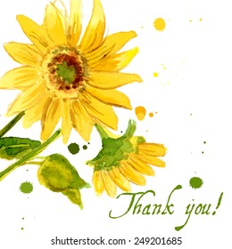 The composition of yellow sunflower painted in watercolor for your design