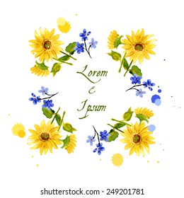 The composition of yellow sunflower painted in watercolor for your design