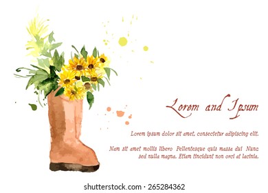 Composition of yellow sunflower painted in watercolor for your design