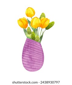 Composition of yellow tulips in a vase. Purple vase with flowers and green leaves. Watercolor illustration. Sketch of a simple stylized style. Spring botanical bouquet for Easter. Hand drawing.Vector.