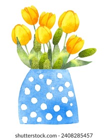 Composition of yellow tulips in a vase.Blue vase with flowers and green leaves.Watercolor illustration.Simple stylized style.Spring botanical bouquet for Easter.Hand drawn art.Vector.
