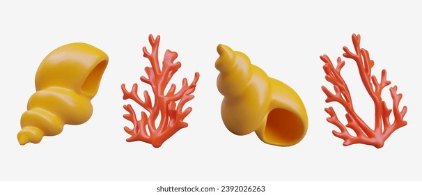 Composition with yellow twisted shell and red coral in different positions. Decorative sea attributes. Vector illustration in 3d style on white background