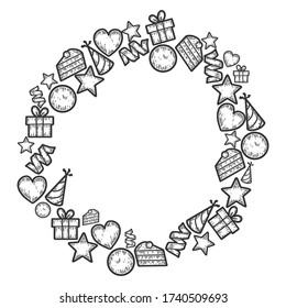 Composition for your design. Eps10 vector template. Holiday objects, signs and symbols. Sketch scratch board imitation. Black and white. Engraving vector illustration.