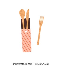 Composition of zero waste reusable wooden spoon, fork and knife made from sustainable materials. Flat vector cartoon illustration of durable bamboo cutlery isolated on white background