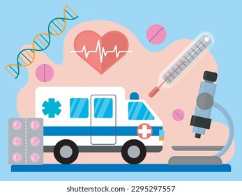 compositional image consists of ambulance, thermometer, microscope, heartbeat,pills and dna elements