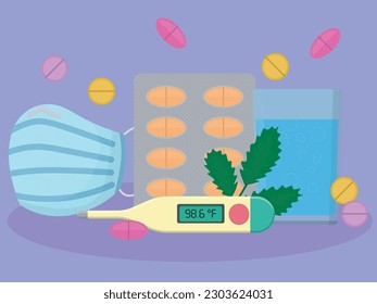 compositional image consists of mask, pills, blister, spearmint, thermometer and glass of water