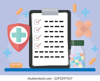 Kompositbild besteht aus Pillen, Glasflasche, Pflaster, Schild mit Kreuz, Zwischenablage mit diagnostischem Testergebnis